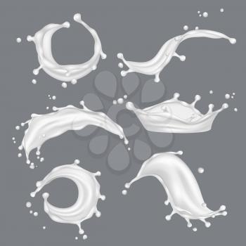 Milk splashes. White drop liquid fresh food from cow vector realistic template. Illustration of milk drink, liquid dairy realistic