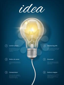 Bulb idea. Creative business concept with picture of light glass transparent bulb vector thinking educational placard. Light bulb energy, inspiration symbol lightbulb illustration