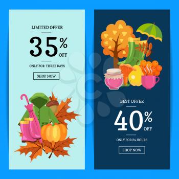 Vector colored cartoon autumn elements and leaves web banner templates illustration