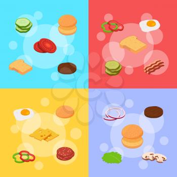 Vector isometric burger ingredients infographic of collection concept illustration in color background