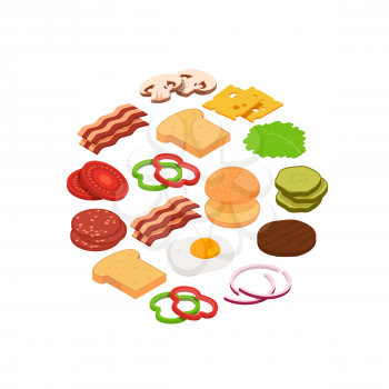 Vector isometric burger ingredients in circle shape illustration isolated on white