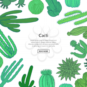 Vector hand drawn green wild cacti plants background with place for text illustration