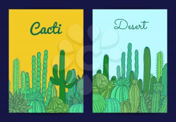 Vector hand drawn desert cacti plants card or flyer template illustration