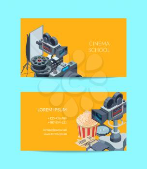 Vector colored cinematograph isometric of elements business card template illustration