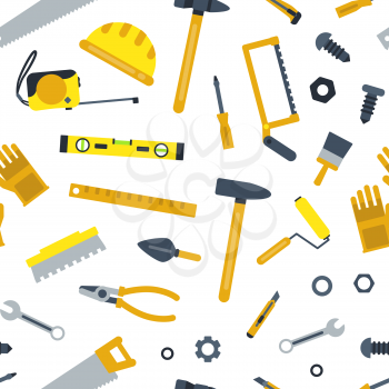 Vector flat construction tools pattern or background illustration. Hammer and screwdriver, wrench spanner, roller and cutter
