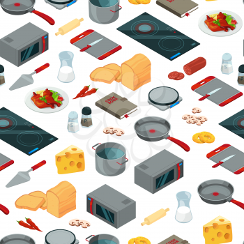 Vector cooking food isometric objects background or pattern illustration. Cooking pattern kitchen, cheese and vegetable