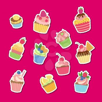 Vector cute cartoon muffins or cupcakes stickers set illustration. Colored cupcake collection, cartoon sweet cake