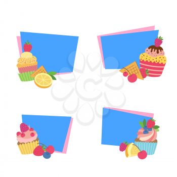 Vector cute cartoon muffins or cupcakes stickers isolated on white background