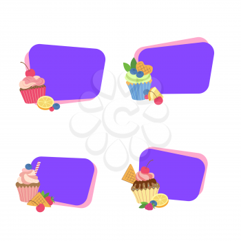 Vector cute cartoon muffins or cupcakes stickers with place for text set illustration