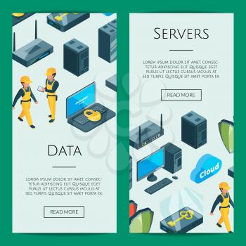 Vector electronic system of data center icons web banner and page poster templates illustration