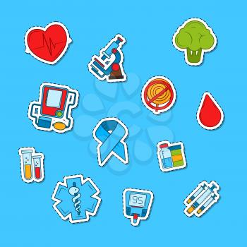 Vector colored diabetes icons stickers set illustration isolated on blue background