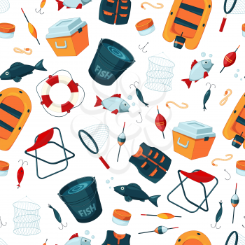 Vector pattern or background illustration with cartoon fishing equipment. Fishing equipment background, outdoor sport and hobby