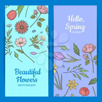 Vector hand drawn flowers web banner templates illustration. Floral flower banner and card