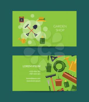 Vector flat gardening icons business card template for farm and garden shop illustration