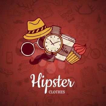 Hipster sketch concept with glasses, ice cream and coffee. Vector hipster doodle icons background with place for text illustration