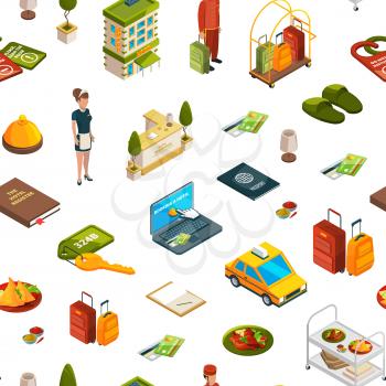 Vector isometric hotel icons pattern or background illustration. Hotel service isometric perspective, room service breakfast