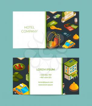 Vector isometric hotel icons business card template for hotel accomodation company illustration