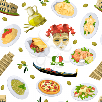 Vector cartoon italian cuisine elements pattern or background illustration. Italian cuisine and architecture pisa, tower