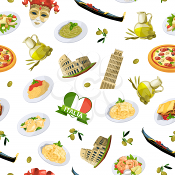 Vector cartoon italian cuisine elements pattern or background illustration. Traditional meal and food