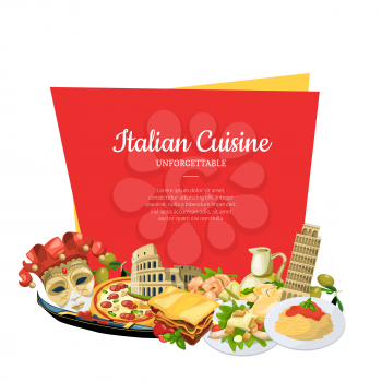 Vector cartoon italian cuisine elements below frame with place for text illustration. Food italian, restaurant menu emblem banner