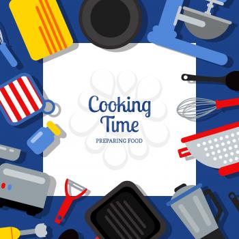Vector flat style kitchen utensils background illustration with place for text in center. Kitchen cooking, utensil and kitchenware