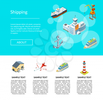 Vector isometric marine logistics and seaport landing page template illustration. Web banner logistic and delivery cargo transportation