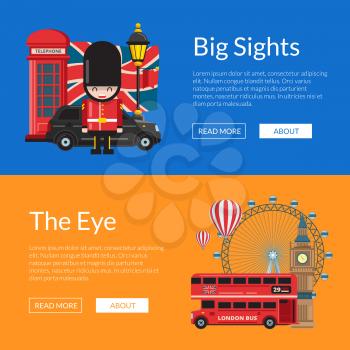 Vector cartoon London sights and objects horizontal web banners illustration. England attractions banners