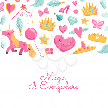 Vector cute cartoon magic and fairytale elements background with place for text illustration