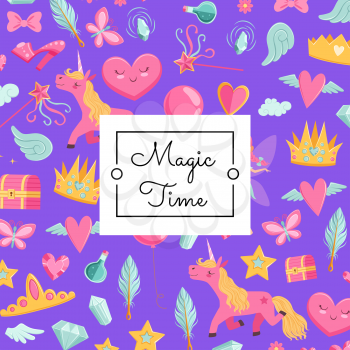Vector cute cartoon magic and fairytale elements background with unicorn and place for text illustration