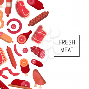 Vector flat meat and sausages icons background with place for text illustration. Banner and poster