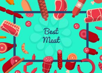 Web banner website vector flat meat and sausages icons background with place for text illustration