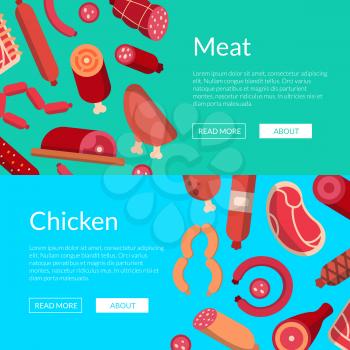 Vector flat meat and sausages icons web banner templates and poster illustration
