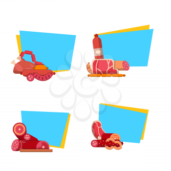 Vector flat meat and sausages icons stickers with place for text set illustration isolated on white background