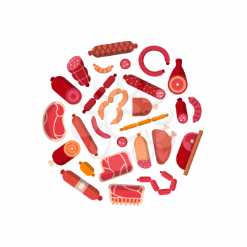 Vector flat meat and sausages icons in circle shape illustration isolated on white