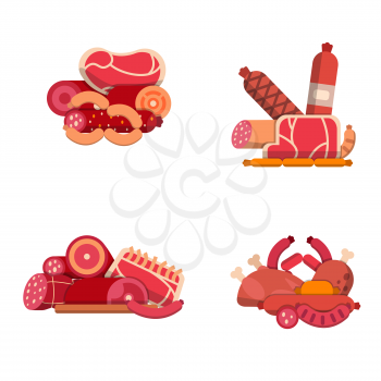 Vector flat meat and sausages icons piles set isolated on white background illustration. Ssausage and ham, sirloin and pork