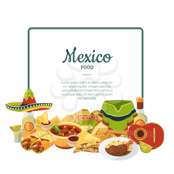 Vector cartoon mexican food below frame with place for text illustration. Mexican food taco and nachos, tasty tortilla and sombrero