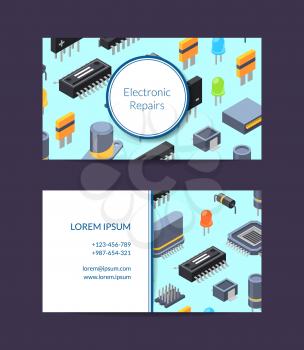 Vector isometric microchips and electronic parts icons business card template for repair service illustration