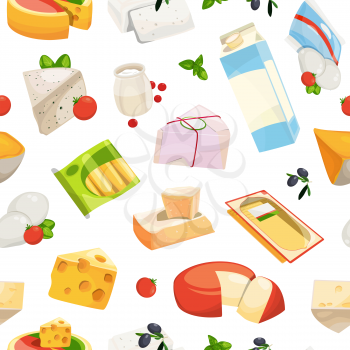 Vector cartoon dairy and cheese products pattern or background illustration. Dairy food, cheese and cream seamless backdrop