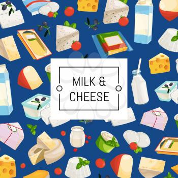 Vector cartoon dairy and cheese products background with place for text illustration. Dairy product, cheese and milk breakfast