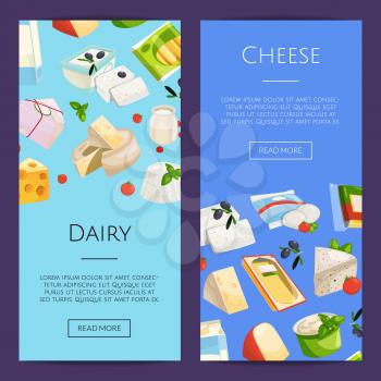 Vector cartoon dairy and cheese products web banner and poster for website templates illustration