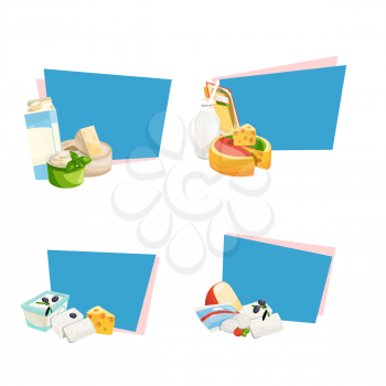 Vector cartoon dairy and cheese products stickers with place for text set illustration