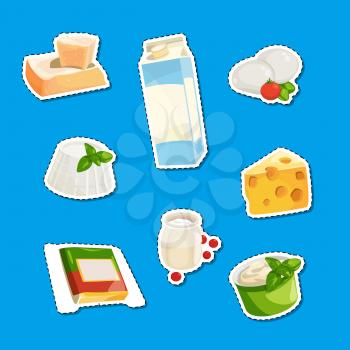 Vector cartoon dairy and cheese products stickers set illustration isolated on blue