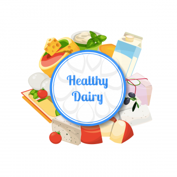 Vector cartoon dairy and cheese products under circle with place for text illustration