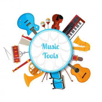 Vector cartoon musical instruments under circle with place for text illustration