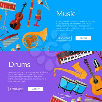 Vector cartoon musical instruments web banner templates illustration. Music poster sound