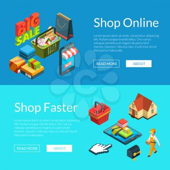 Vector isometric online shopping icons illustration. Mobile sale isometric, payment internet, online store service
