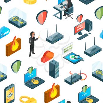 Vector isometric data and computer safety icons seamless pattern or background illustration