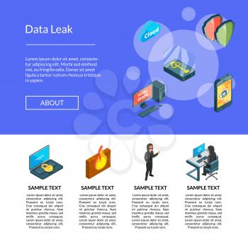 Vector isometric data and computer safety icons landing page template illustration. Date leak protection, database security, 3d web banner page