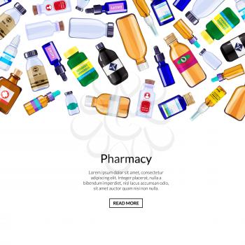 Vector pharmacy medicine bottles and pills background illustration. Web banner and poster