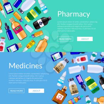 Vector pharmacy medicine bottles web banner templates illustration. Set of web page for internet